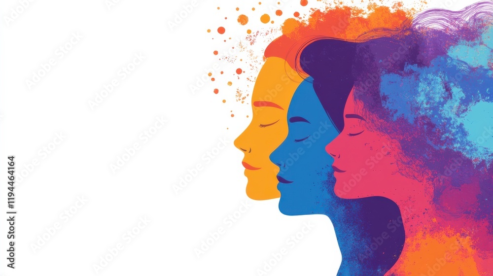 Vibrant Artistic Representation of Diverse Female Profiles Emphasizing Empowerment, Creativity, and Unity with Colorful Abstract Background and Exquisite Details Vibrant Artistic Representation of Diverse Female Profiles Emphasizing Empowerment, Creativity, and Unity with Colorful Abstract Background and Exquisite Details