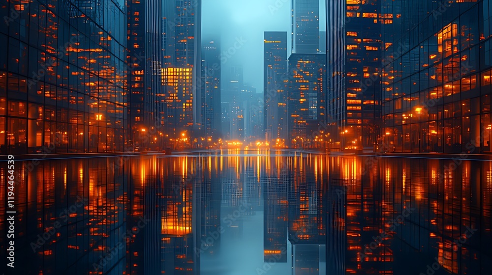 Obraz premium Cityscape, night, reflection, fog, urban, lights, modern, avenue, water, skyscrapers, advertising