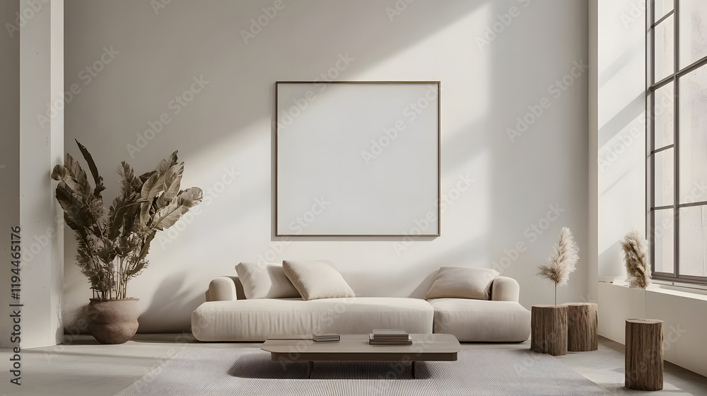 Fototapeta premium Cozy, minimalist living room with neutral tones and plants.