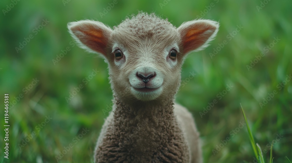 Cute lamb staring in green pasture with soft wool and curious expression Cute lamb staring in green pasture with soft wool and curious expression