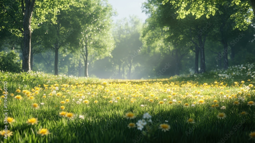Obraz premium Serene meadow with blooming daisies and sunlit trees in a tranquil forest clearing