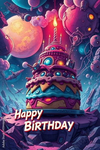 A futuristic sci-fi scene from a surreal cartoon birthday card showing a multi-layered paper cake. This card uses advanced technology, space elements.