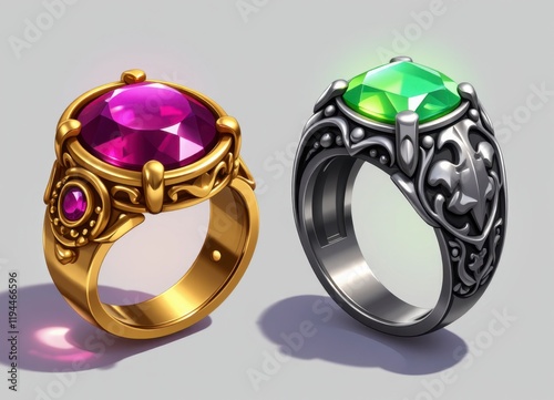 Ornate Gold and Silver Rings with Gemstones Luxury Jewelry Detailed Design Precious Stones