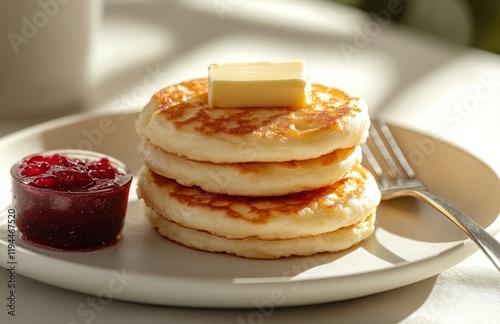 Fluffy crumpets with butter and jam on plate photo