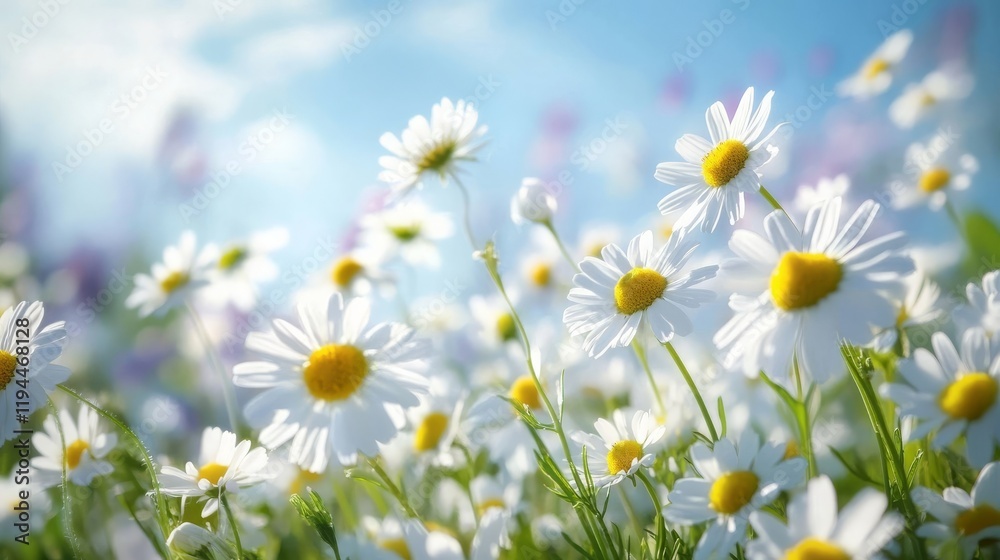 Beautiful wild flowers chamomile, purple wild peas, butterfly in morning haze in nature close-up macro. Landscape wide format, copy space, cool blue tones. Delightful pastoral airy artistic image. Beautiful wild flowers chamomile, purple wild peas, butterfly in morning haze in nature close-up macro. Landscape wide format, copy space, cool blue tones. Delightful pastoral airy artistic image.