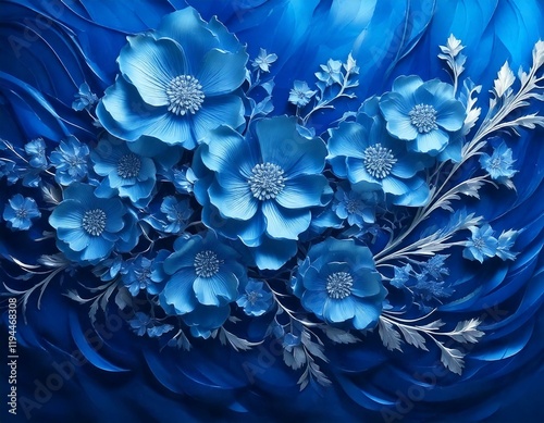 Luxurious expensive simple blue floral wallpaper design crafted from smooth silk fabric, enhanced with a captivating milky smoke-like steam effect, blending elegance and minimalism into timeless sophi