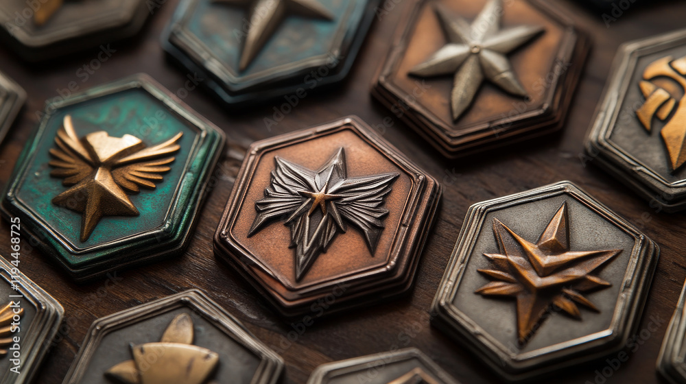 Game rank icons, bronze, silver and gold level badges evolution. Metallic ui hexagon medals with military stars and wings. Isolated metal reward, trophy achievement graphic elements vector set for rpg Game rank icons, bronze, silver and gold level badges evolution. Metallic ui hexagon medals with military stars and wings. Isolated metal reward, trophy achievement graphic elements vector set for rpg