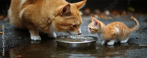 Ginger cat and kitten drinking water from a bowl outdoors photo