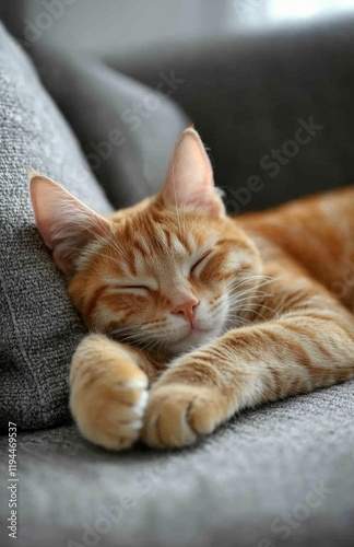 A Cute Yellow Cat Sleeping Peacefully on the Sofa