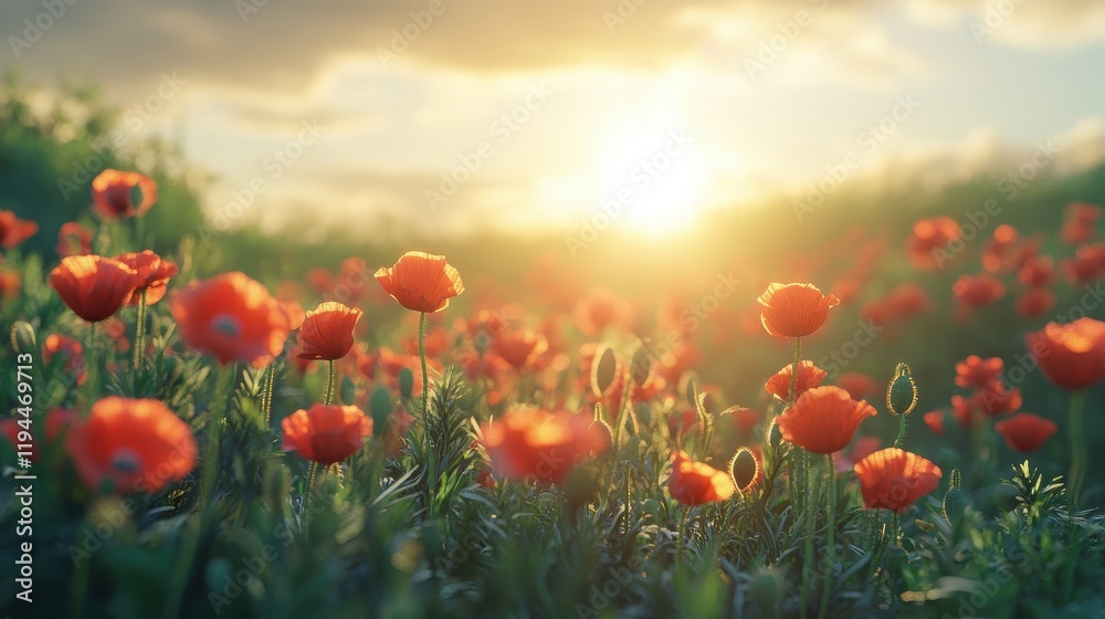 Fototapeta premium Vibrant sunrise over a field of red poppies in bloom