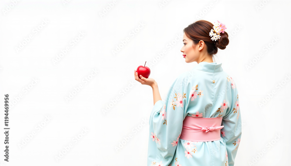 Graceful Japanese woman holding a candied apple in yukata, culture Graceful Japanese woman holding a candied apple in yukata, culture