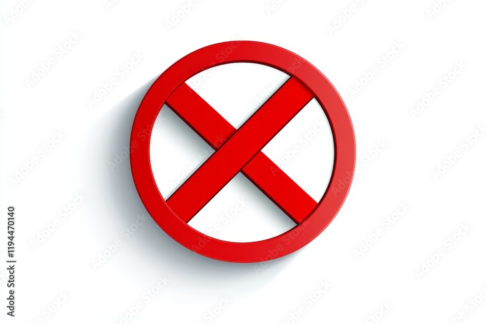 Fototapeta premium Red circle cross symbol, no entry sign, 3D rendering on white background.