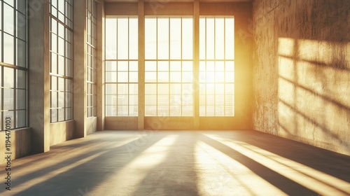 The warm glow of sunlight streams through expansive windows into an empty room, accentuating the unique texture of the walls.