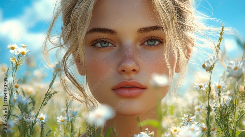 Young woman with freckles in daisy field under bright blue sky Young woman with freckles in daisy field under bright blue sky