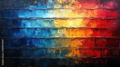 Vibrant Abstract Art with Texture and Warmth Exhibiting a Beautiful Blend of Blue, Yellow, and Red Colors in Striped Patterns for Modern Decor