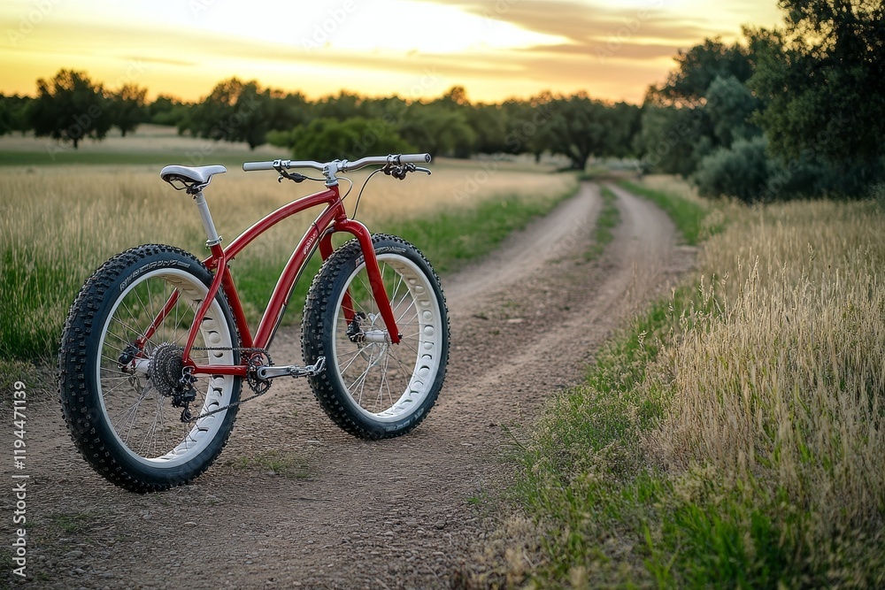 Fototapeta premium Red fat tire bike on dirt road at sunset.