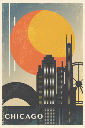 Chicago retro city poster with abstract shapes of skyline, buildings. USA, Illinois state vintage travel vector illustration, cityscape at sunrise, sunset