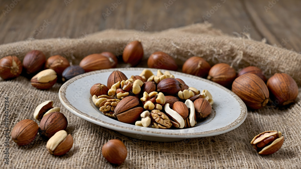 Fototapeta premium Assorted nuts arranged on a rustic table with burlap and wooden background in natural light