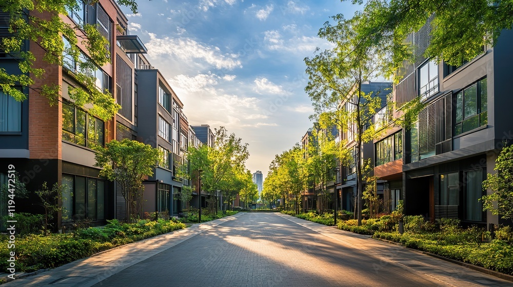 Obraz premium A residential road surrounded by green trees under a bright sky with white clouds