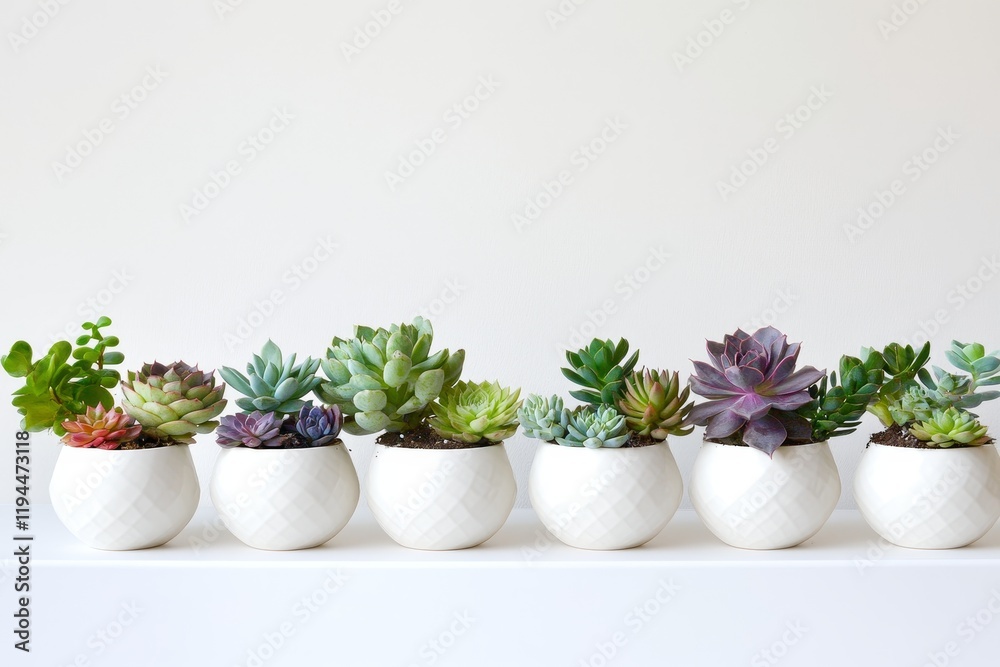 Fototapeta premium Row of succulents in small white geometric pots on white surface.