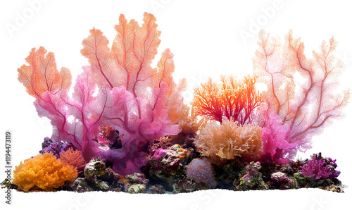 Vibrant Coral Reef Scene, Isolated on White Background,  Stunning Underwater Landscape, with Transparent Background