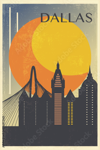 Dallas retro city poster with abstract shapes of skyline, buildings. USA, Texas state vintage travel vector illustration, cityscape at sunrise, sunset