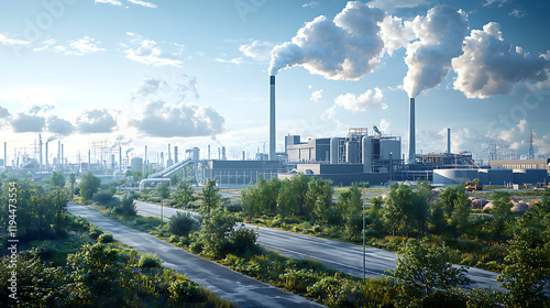 Industrial park with waste to energy site, smoke stacks, and greenery photo