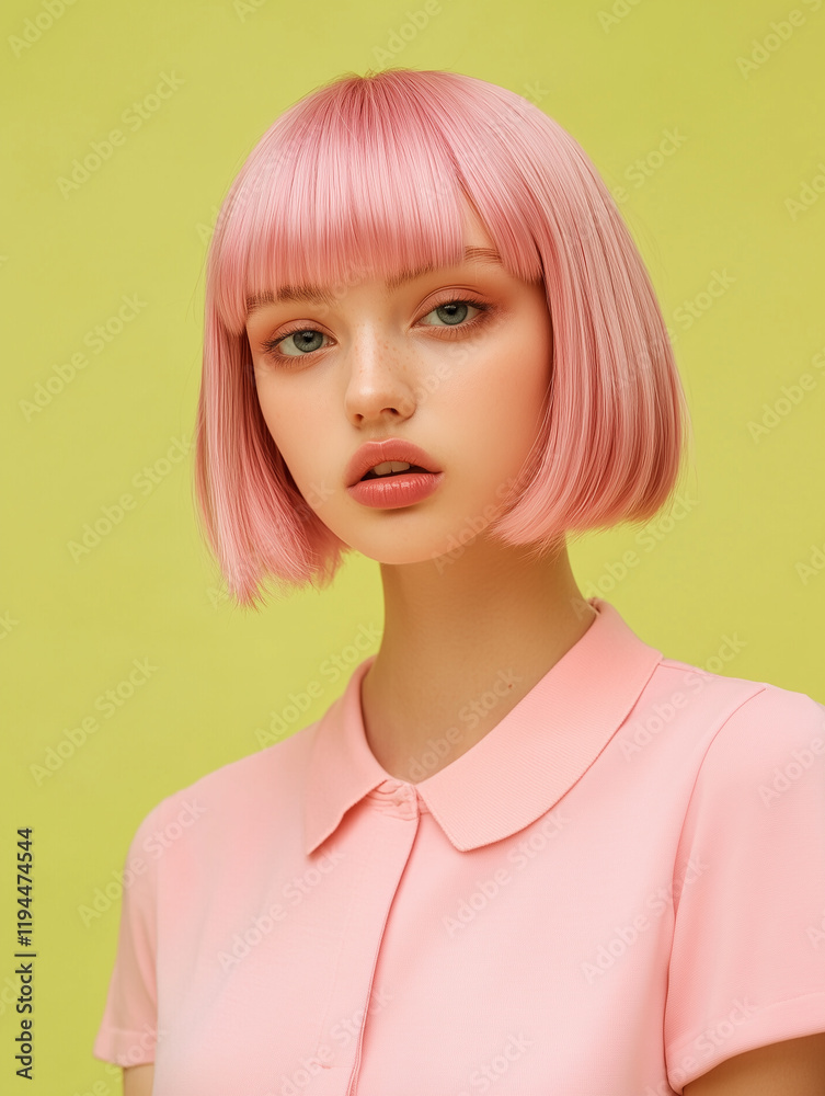 Portait of stylish young woman face model with soft pink hair. Generative Ai.
Portait of stylish young woman face model with soft pink hair. Generative Ai.