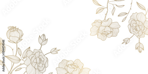 Vector gold on white flowers frame, roses luxury pattern, floral blossom elegant design background, nature botanical banner.