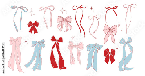 Hand-drawn elegant ribbon bows set in pastel pink, red, and blue tones with intricate lace details, flowing tails, and decorative sparkles. Perfect for festive and creative designs.