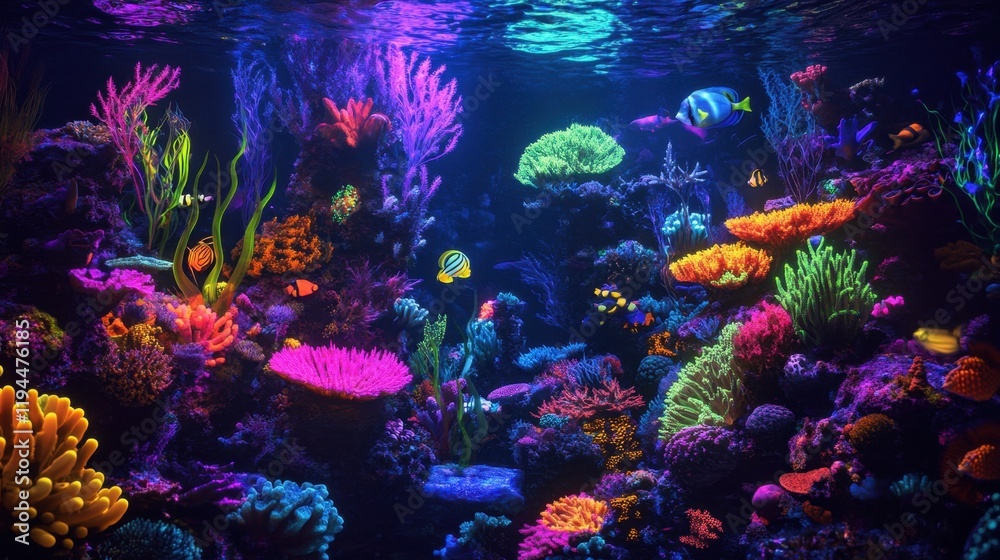 Obraz premium An enchanting deep-sea world where every coral, fish, and plant glows in neon colors, illuminating the dark ocean with magical light.