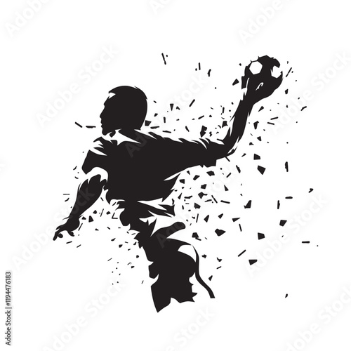 Handball player throwing ball, isolated vector silhouette with distortion effect. Handball logo
