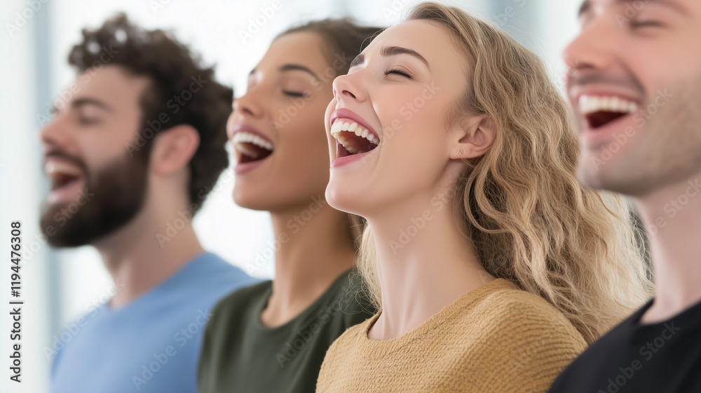 Obraz premium Unleashing Joy: A group of friends, bursting with unbridled joy, throws back their heads and lets out a full-bodied, contagious laughter. Capturing the pure essence of happiness and connection.
