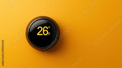 Smart Thermostat Displaying 26 Degrees Celsius on a Yellow Background photo