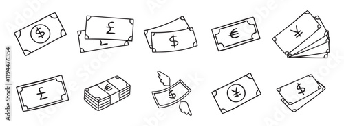 Money banknote. Different currencies, dollars, euros, pounds and yuan doodle hand drawn icon set. Outline drawing paper money in cash line clipart symbol collection