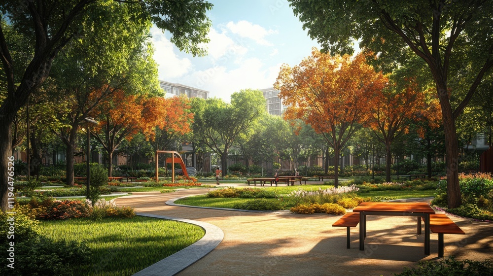 Obraz premium Serene Autumn Park: A picturesque autumnal park scene with vibrant foliage, winding paths, and inviting picnic tables.