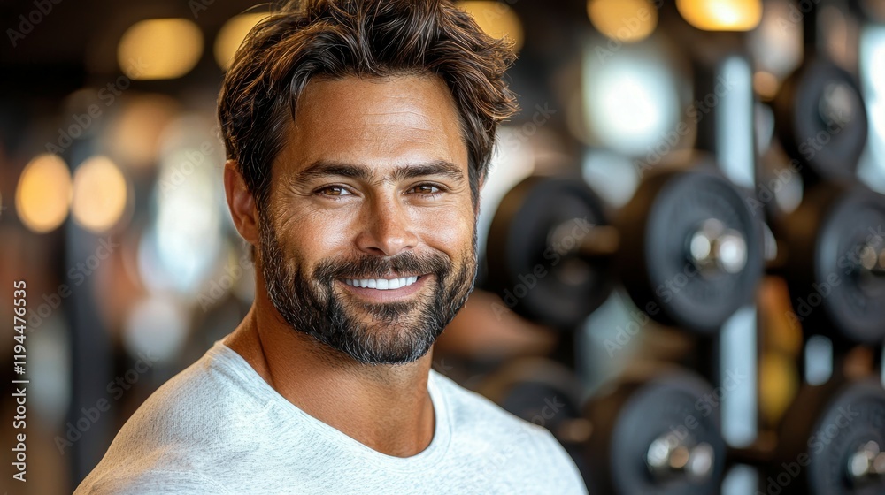 Obraz premium Smiling Middle-Eastern man in a gym, radiating confidence and positivity.