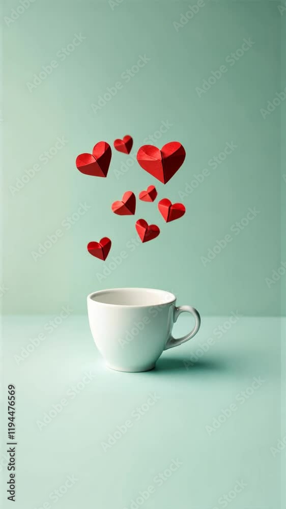 A white coffee cup with red paper hearts floating above it on a light green background, Coffee lovers, Coffee meetups, Coffee groups