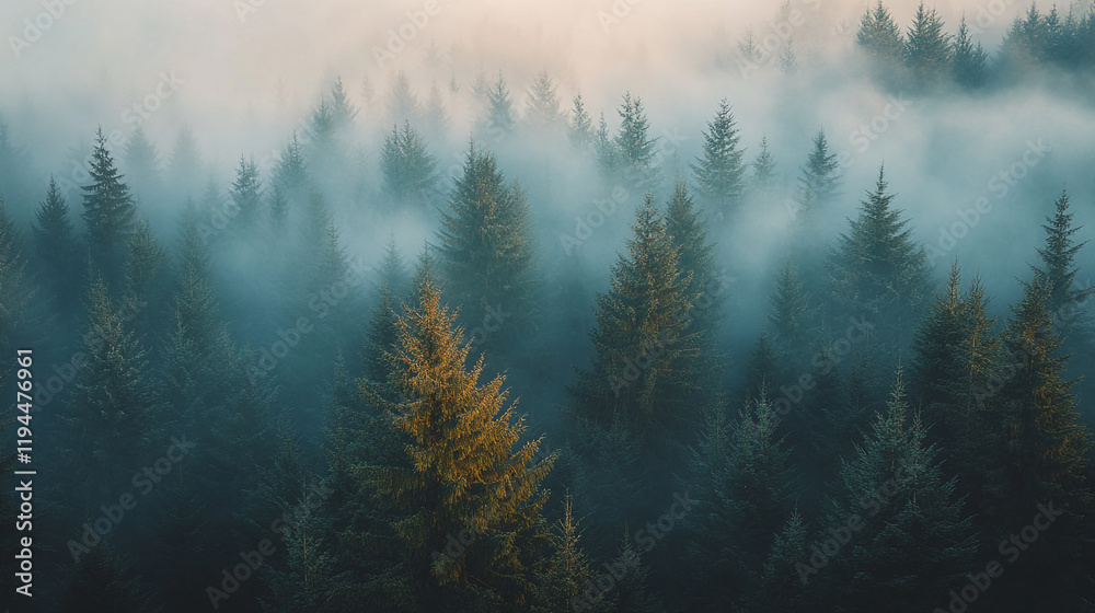 Fototapeta premium Misty forest landscape with evergreen trees at dawn showcasing nature's tranquility