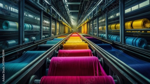 Vibrant textile factory machinery with colorful fabric rolls
