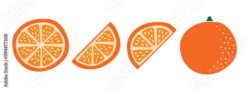 Orange slice and whole cute colorful fruit doodle hand drawn icon. Color drawing orange line clipart symbol