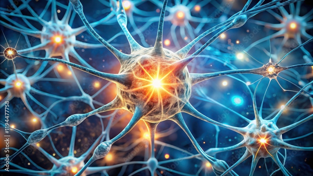 Fototapeta premium A microscopic view of a neuron firing, illuminating the intricate network of interconnected nerve cells.
