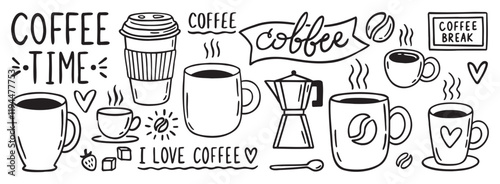 Coffee lettering word and coffee cup menu design doodle hand drawn icon set. Outline drawing Coffee word and coffee cup line clipart symbol