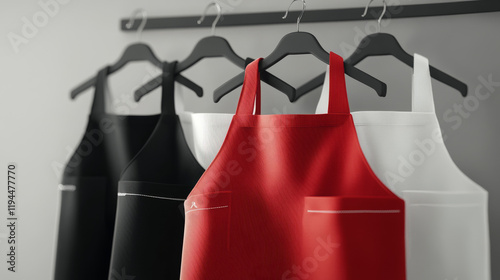 Chef aprons, black, red and white cook uniform on hangers 3d vector mockup. Kitchen bibs or pinafore with front pocket realistic templates. Restaurant, cafe and barbecue party garment isolated design photo