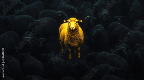 A bright golden sheep standing confidently in the center of a dark meadow, encircled by black sheep that blend into the shadows, emphasizing its uniqueness. photo