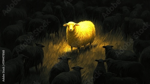 A bright golden sheep standing confidently in the center of a dark meadow, encircled by black sheep that blend into the shadows, emphasizing its uniqueness. photo