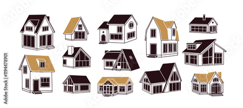 House architecture. Residential home building exteriors, facades set. Suburban constructions, realty with gabled roofs. Real estate, property. Flat vector illustration isolated on white background
