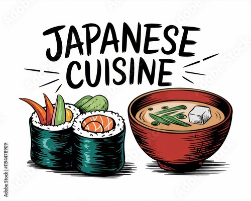 Delicious Japanese Cuisine Sushi and Soup Illustration photo