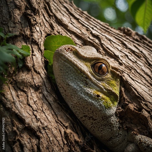 Dreamlike leaf-tailed gecko. Veragua cross-banded tree frog lies between rocks. Frog Hiding on a Tree Branch in Macro Shot. photo