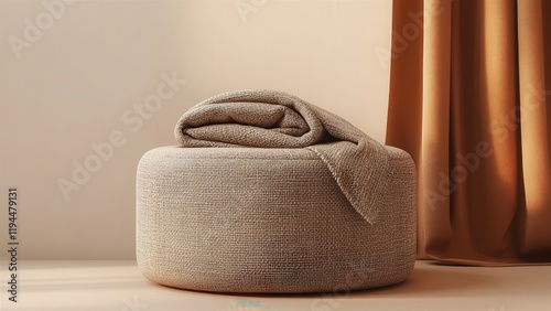 Minimalist beige ottoman with folded blanket beside orange curtain